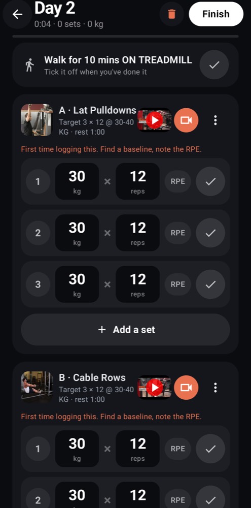 Workout screen with big set blocks